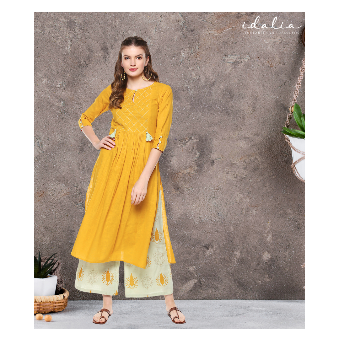 Idalia Mustard Solid Kurta Set with Palazzo Pant