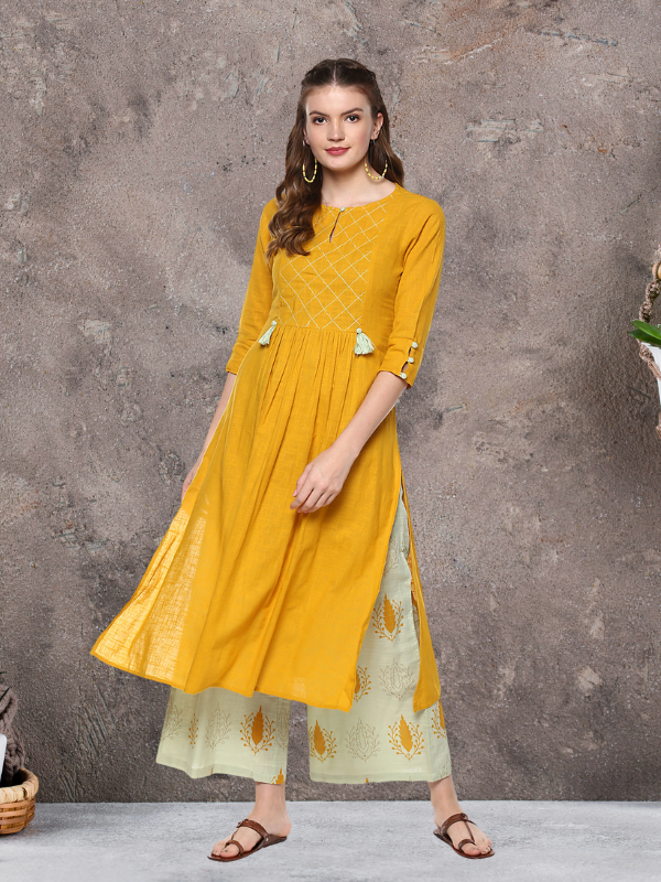 Idalia Mustard Solid Kurta Set with Palazzo Pant