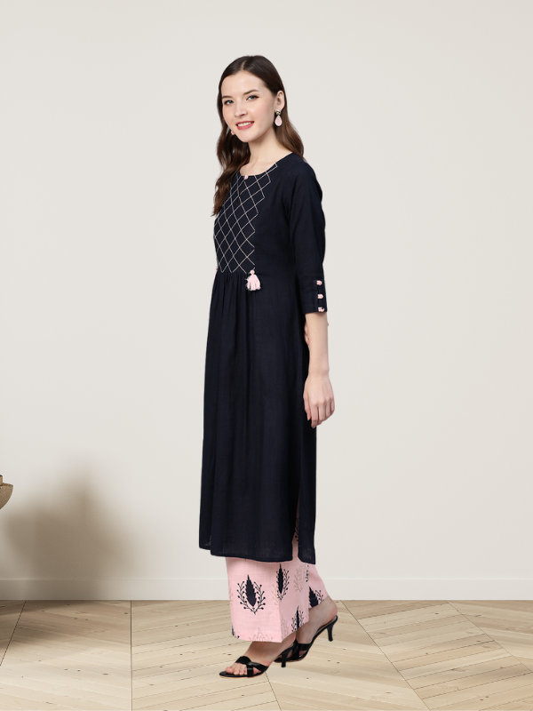 Navy Blue And Light Pink Kurta Set