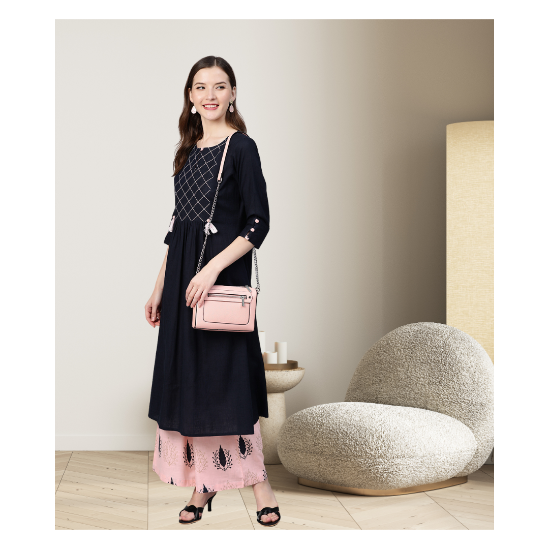 Navy Blue And Light Pink Kurta Set