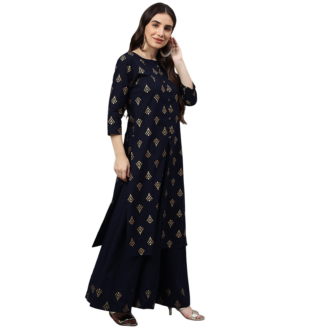 Idalia Printed Kurta With Navy Blue Cotton Skirt