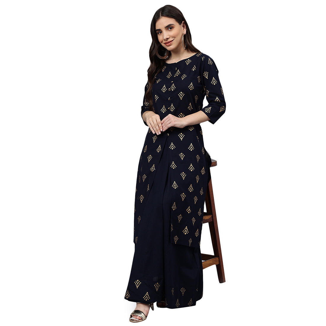 Idalia Printed Kurta With Navy Blue Cotton Skirt