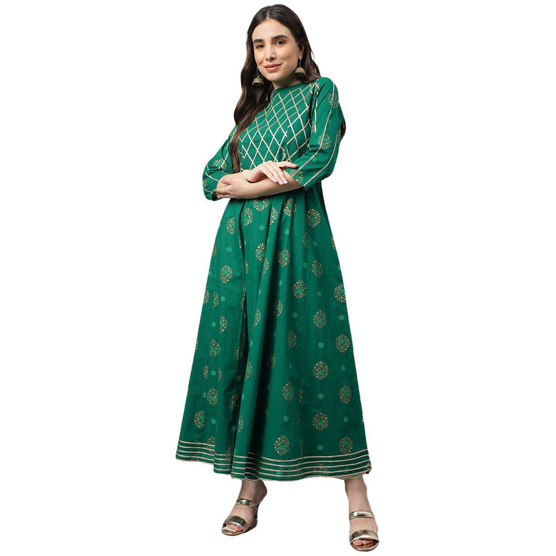 Idalia Gold Print Dark Green Cotton Anarkali Kurta