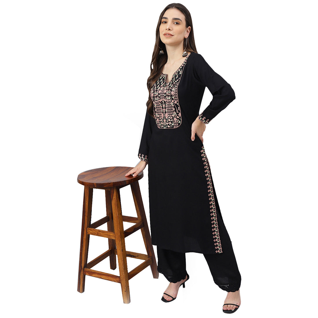 Idalia Embroidered Black Rayon Kurta