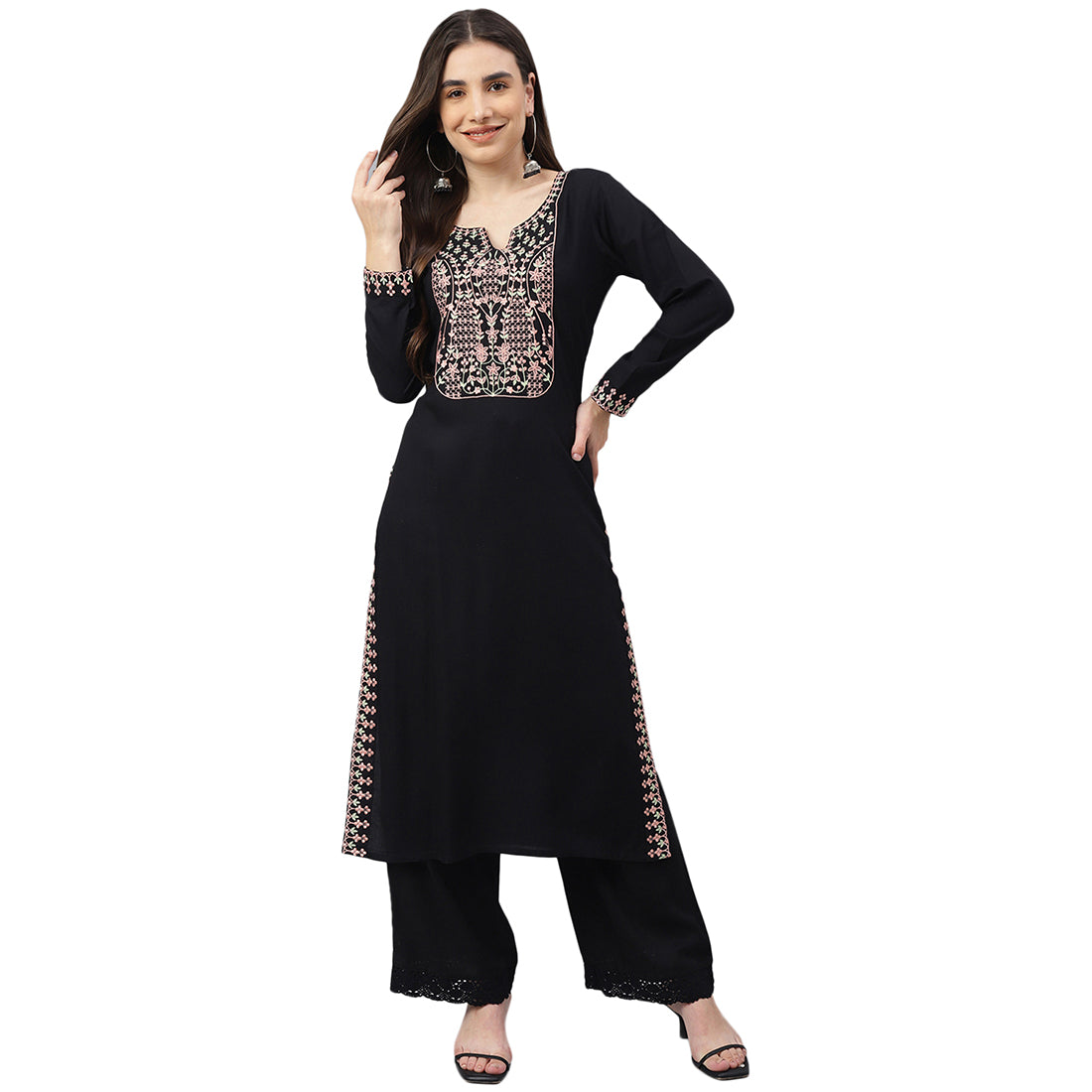 Idalia Embroidered Black Rayon Kurta