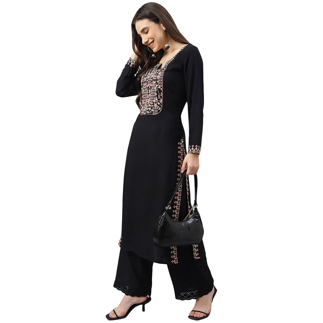 Idalia Embroidered Black Rayon Kurta