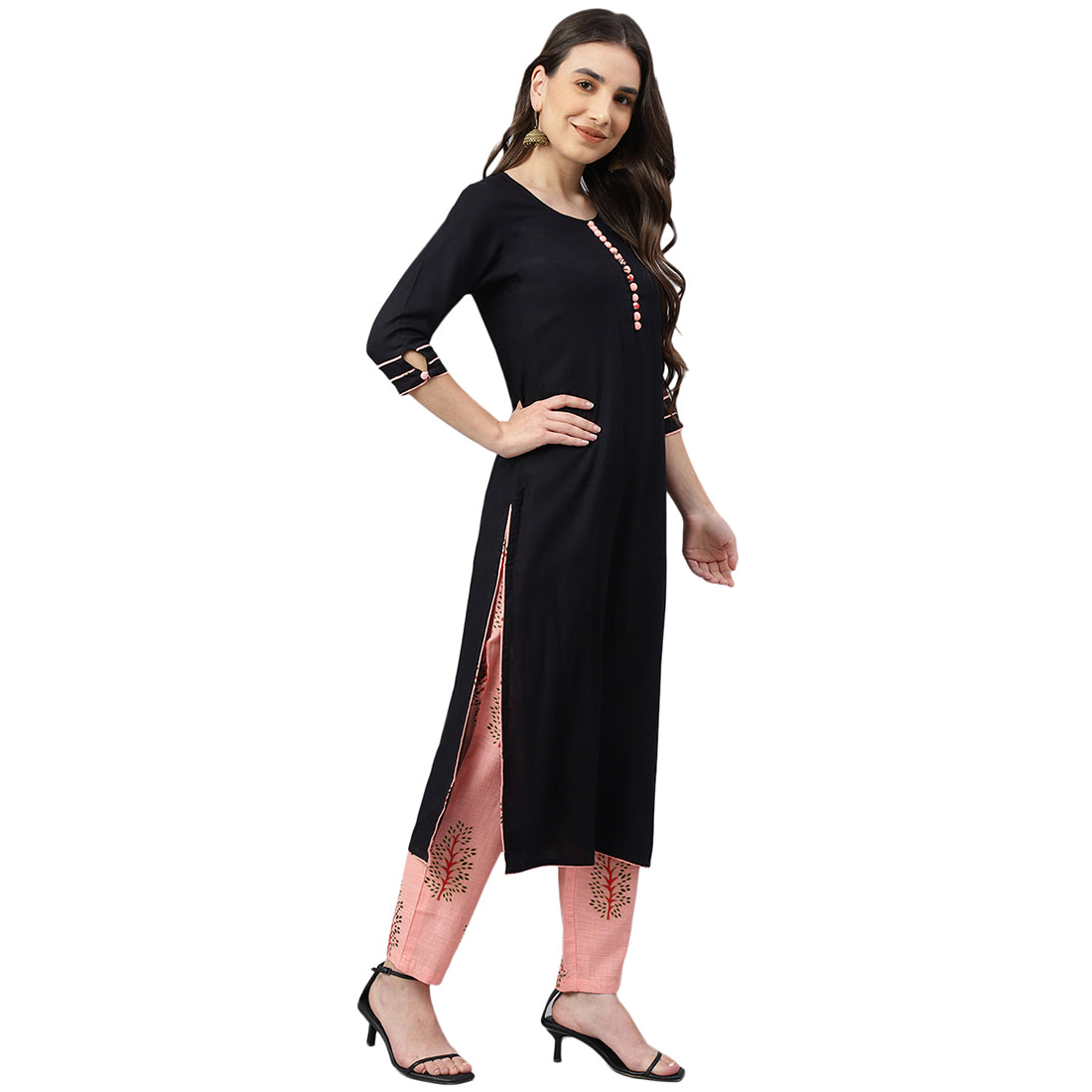 Idalia Black Rayon Kurta With Pink Printed Pants and Dupatta