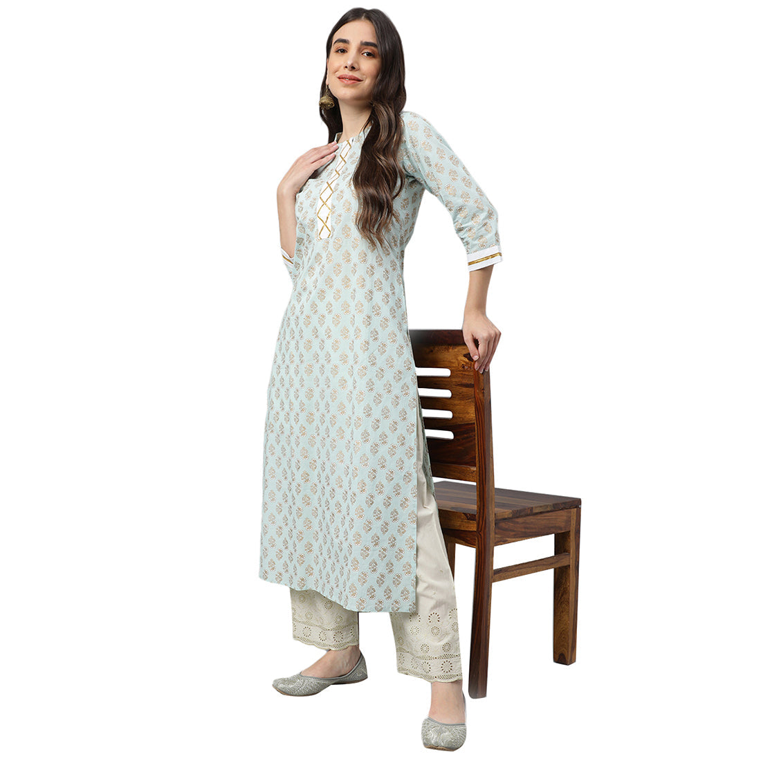 Idalia Sky Blue Khari Gold Print Cotton Kurta