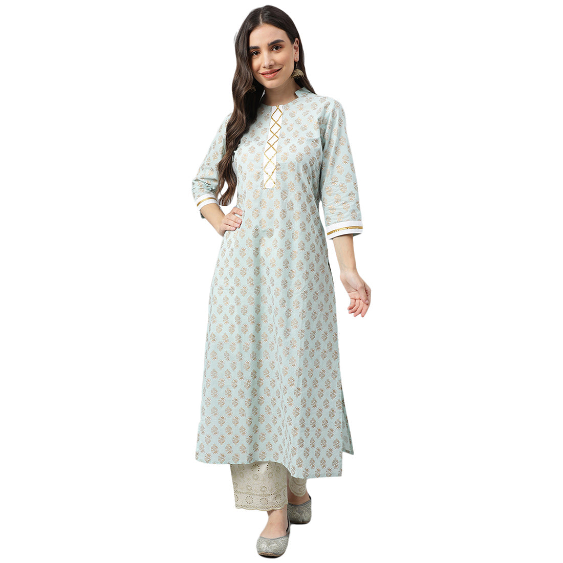 Idalia Sky Blue Khari Gold Print Cotton Kurta