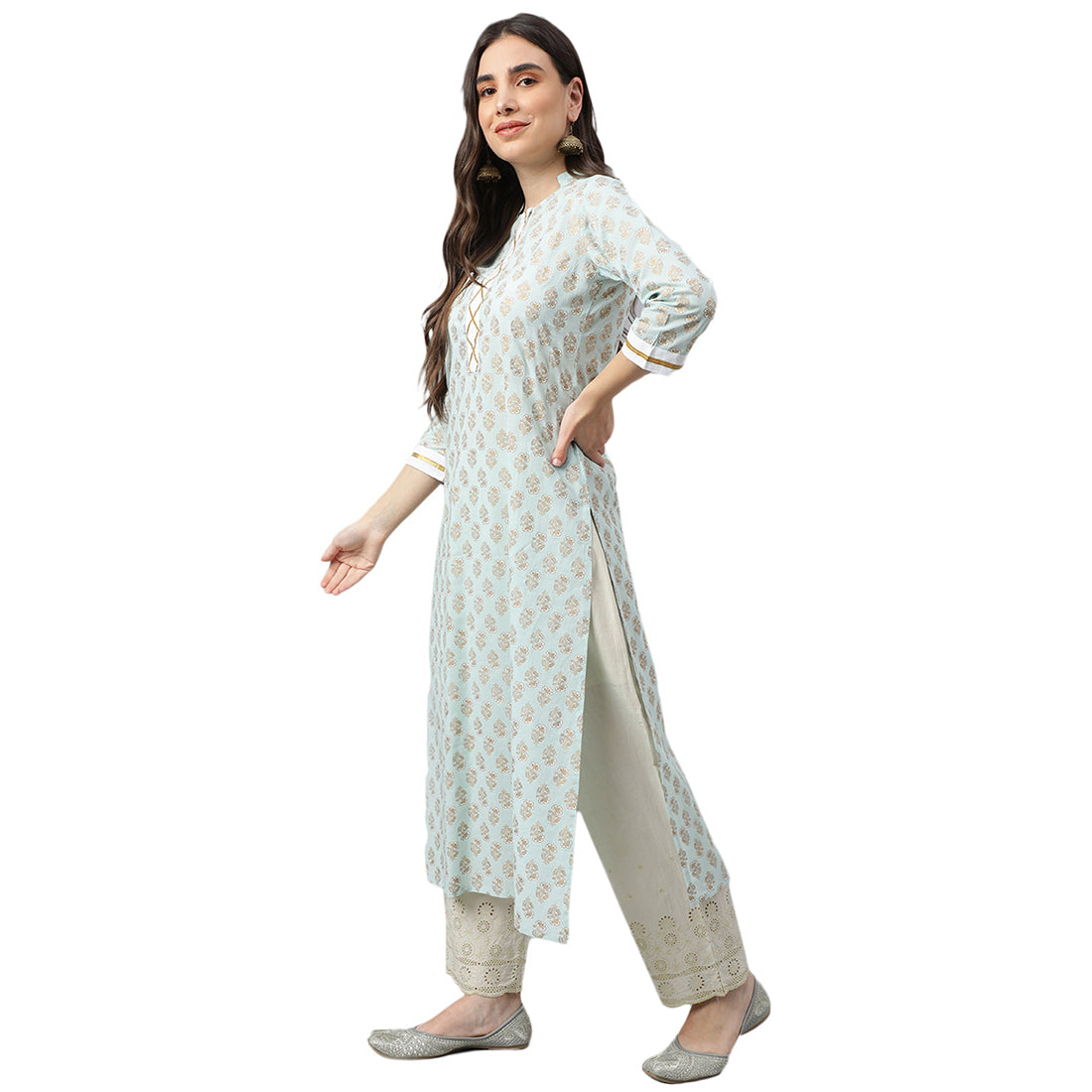 Idalia Sky Blue Khari Gold Print Cotton Kurta