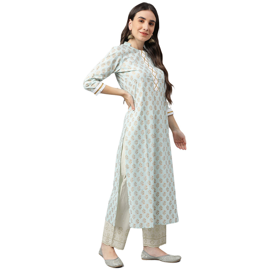 Idalia Sky Blue Khari Gold Print Cotton Kurta