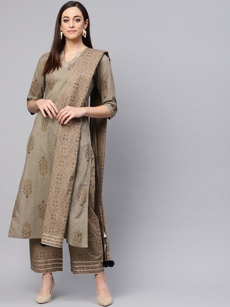 idaLia Gold Print Kurta With Schiffli Palazzo Pant : : Fashion