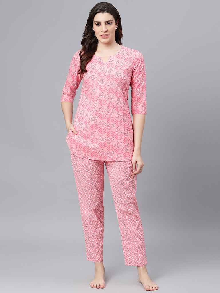 Light Pink Printed Night Suit Set Online - Idalia
