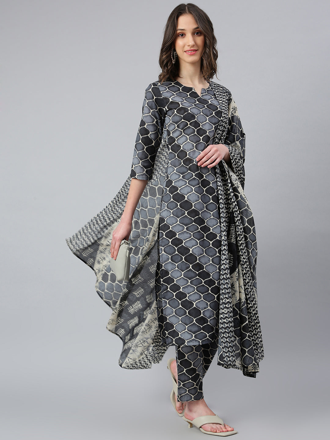 Idalia Black and Grey Printed Kurta Set with Dupatta